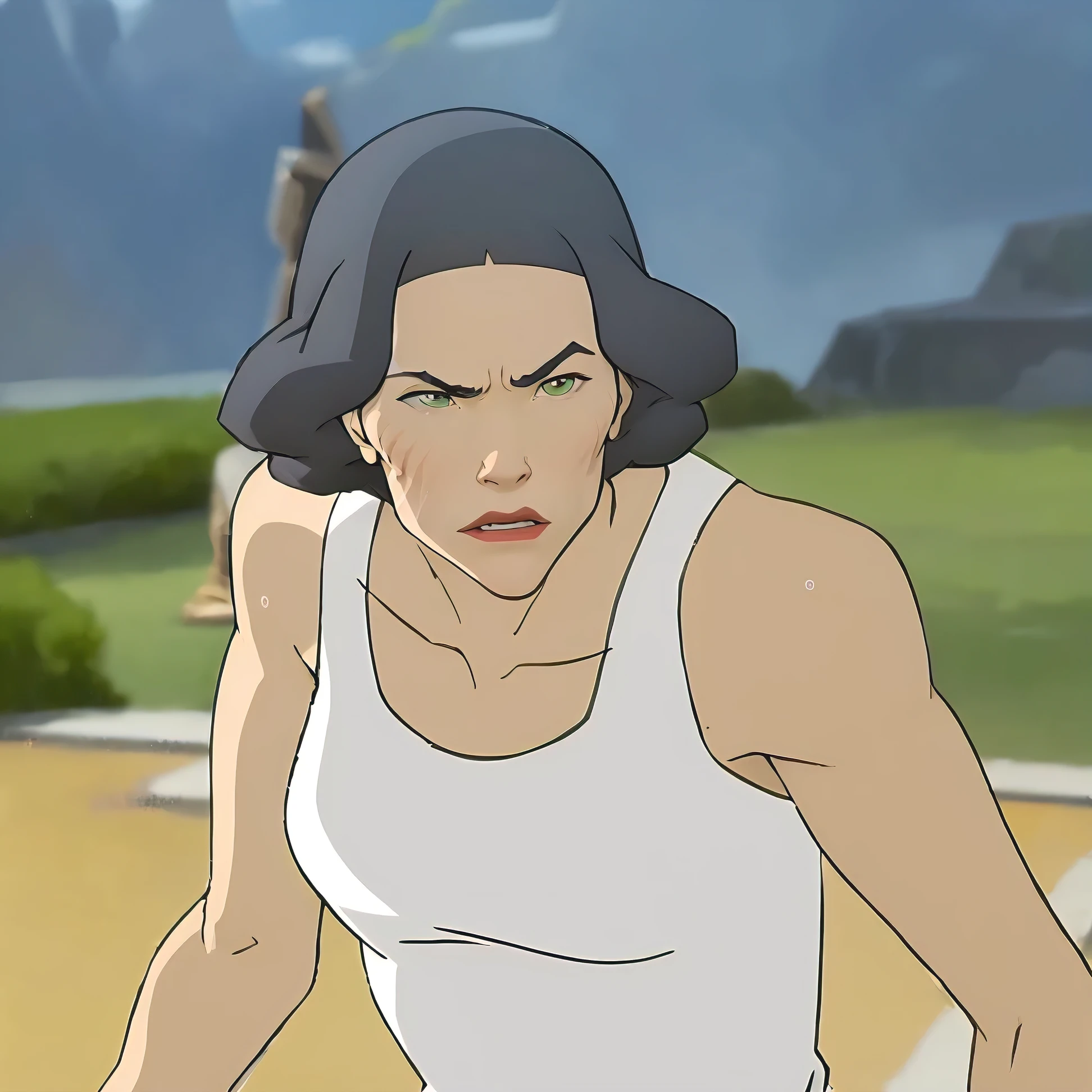  anime image of a woman with an angry expression, Sweat on her arms , lin beifong, scar on the cheek, korra from the legend of korra, legend of korra, portrait of avatar korra, legend of korra setting, muscular Lara Croft, Fujita Goro!,  the goddess Hera looking angry , Intimidating woman, in the anime movie, Fujita Goro, Modern Darna Portrait, green eyes, gray hair, melhorar qualidade do olhar e sombranselhas, 