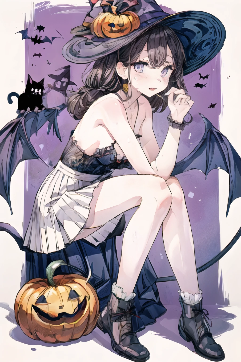 (best quality, masterpiece, highres),1girl,Alone,Slender Girl、Black Hair、Cafe lounge 、Halloween、(( miniskirt ))、Knee-high socks、The 、 tops are bras only、Small breasts、The background is Shibuya、 full body shot 、Cat Eye、It's like Lucifer 、 stick out your tongue、