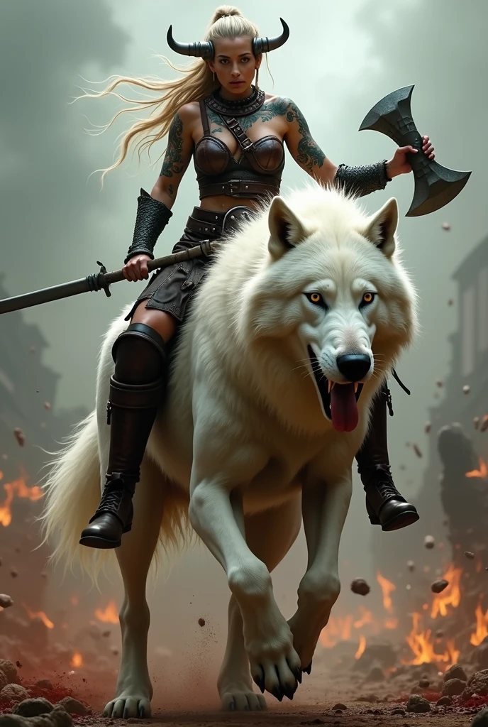 full-length sexy a fierce,Goddess of Revenge, blonde warrior with muscular body rides atop a colossal, hybrid creature—a fusion of wolf muscle and intricate machinery. Her untamed hair flows wildly as she raises a gleaming burning with red hellfire sword high, her dark leather, big breasts, naked body, beautiful detailed eyes burning with red hellfire , beautiful detailed lips, very detailed face and body, over the Burning Ruins of the Moscow Kremlin and Red Square below is a picture of burning ruins, and above in the sky a meteorite fiery rain, crimson sky, in the style of Boris Vallejo and LUIS Royo ((masterpiece, top quality, Highest image quality, High resolution, Photorealistic, RAW photo, 8K)), ((extremely detailed CG wallpaper unified 8k)), (Huge stunning shot of the goddess, Very hot and sexy, stunning beauty, Ideal proportions, Beautiful body, Slim body, beauty:1.4) caption: "KlausLoki" is indicated in the down right corner of the picture