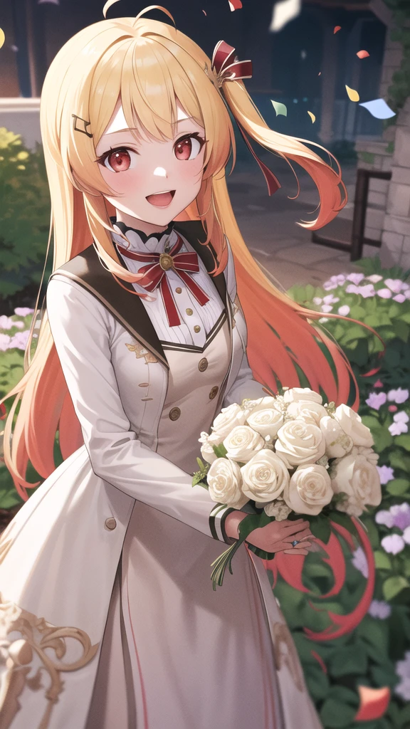 masterpiece, best quality, highres, kanadeyj, long hair, one side up, hair ribbon, hair ornament, ahoge, red eyes, wedding dress, standing, garden, confetti, holding bouquet, smile, open mouth,