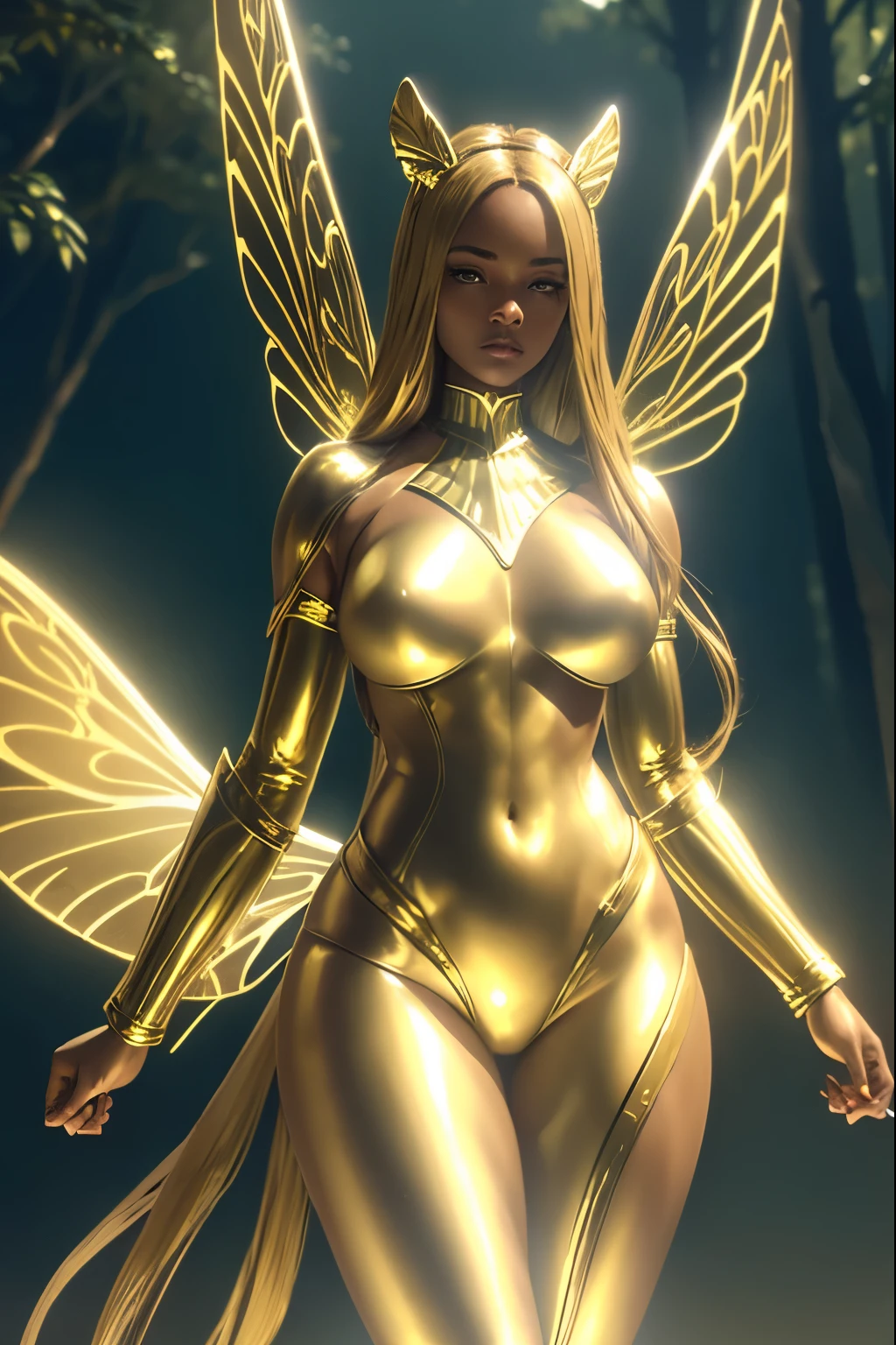 Ultra-realistic, 4k, professional photo, closeup of a 22 year old black girl, gold colored girl, gold skin, facing viewer, long golden dreadlocks hair, golden skin, gold colored skin,  teal outfit, gold skin, standing looking toward viewer, facing camera, tightly clenched fists, fists with claws, fighting stance, ready to fight, HDR, detailed face, curvy body, large fairy wings, golden wings on her back, dragonfly wings, giant wings on her back, all gold, teal catsuit with diamond, teal colored outfit, gold outfit, diamond neclace, sparkling, Masterpiece, (lighting), (1solo), dark field background, few trees in an open field, person made of gold, realistic background, realistic photo