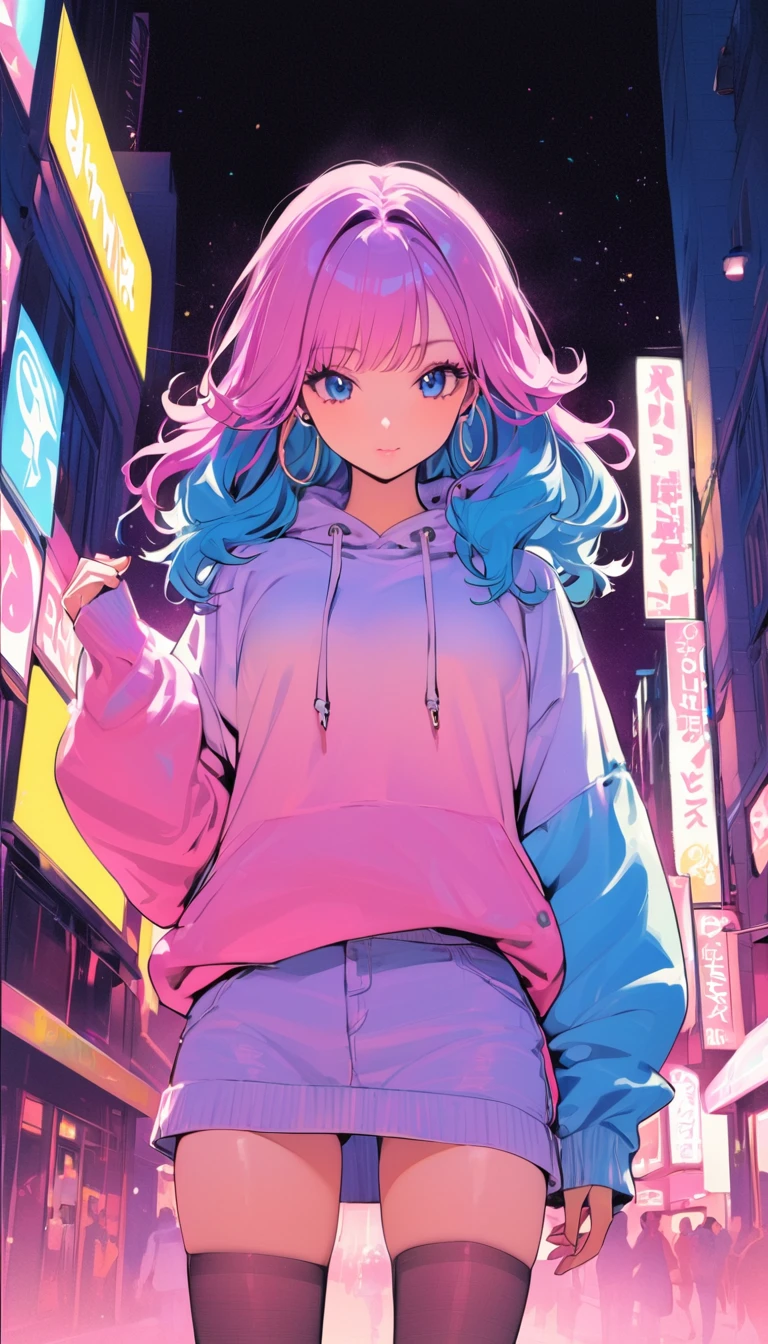 (Best Quality:1.2,   city pop style,   very detailed, up to date, Vibrant,   high contrast , masterpiece:1.2, Best Quality, Best aesthetics), girl, ((  Frontal Shots  :1.4)), Colorful Hair, Long Wolf Hair, Pastel colors, 1980s Style, ((Retro, Vintage, Plain background))Best Quality, 　masterpiece　  High Resolution  　masterpiece、Idol Group、、Cute girl、 Casual Hoodie Outfit 、 miniskirt 、 Thin Black Panty Stockings、 、 Fireworks festival background、Flowerpunk、Sparkling light particles、 Brilliant Gradient Effect  