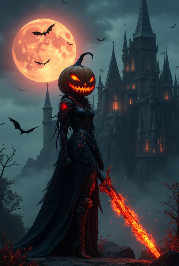 Pumpkin head woman, weird glowing eyes, Halloween warrior using huge flaming overwhelming sword, black knight armor, dark theme costume, dark fantasy tone , 8k, vivid render, flashy cosplay, super detailed fantasy character, dark goddess, wacky fantasy armor, magical Weapon showcase, perfect lighting,
Vampire castle, gothic architecture towering above a misty cliff. Red light shines through the windows and bats fly across the night sky. A full moon illuminates the castle from behind, creating an eerie and majestic atmosphere.