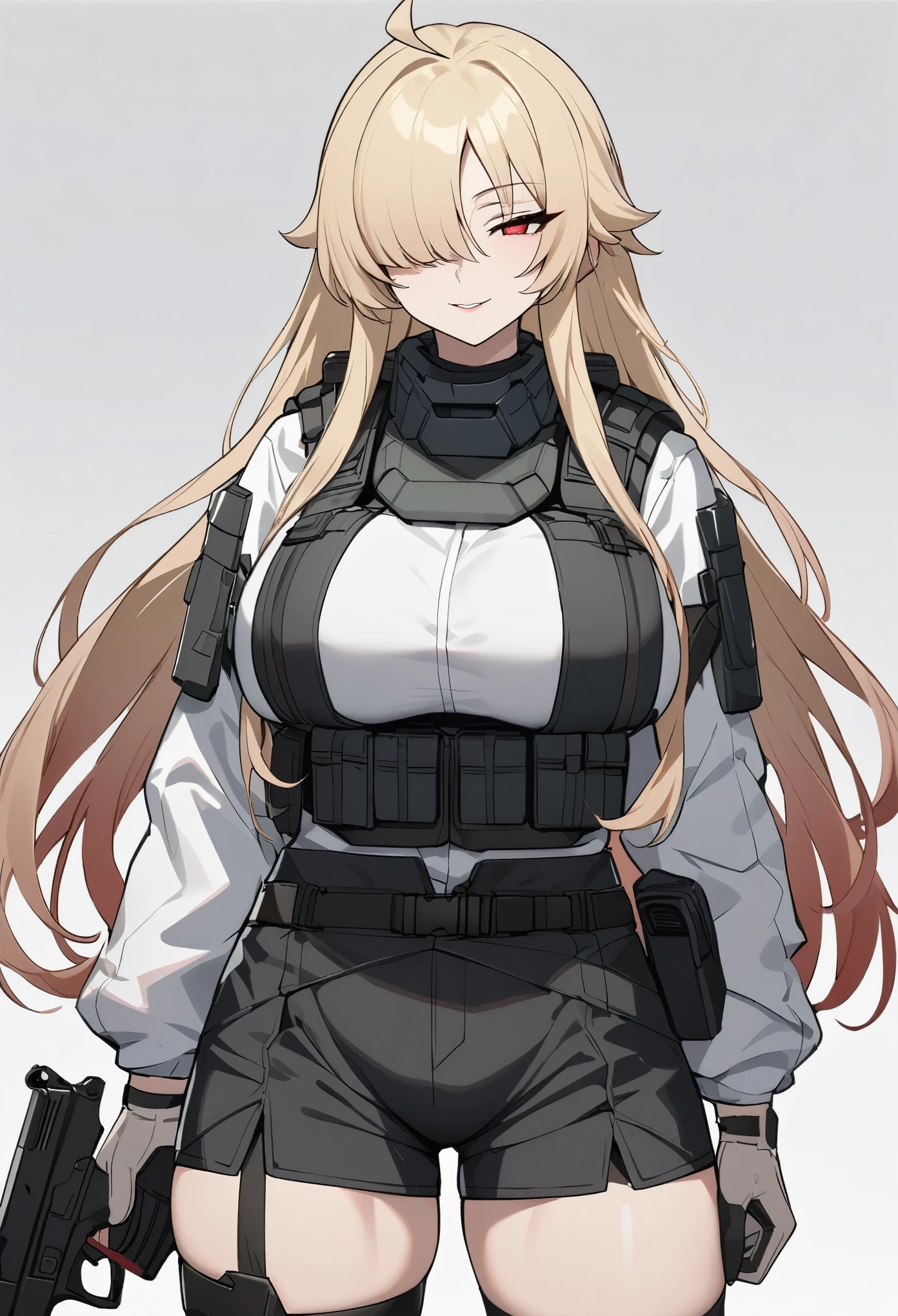(high-quality, breathtaking),(expressive eyes, perfect face) 1girl, female, solo, mature, half open eyes, Alicization, Symmetrical Eyes, simple background, seductive smile, long hair, SAO inspired, maomao, armor, cowboy shot, medium full shot, light blonde hair, bangs, alluring red eyes, large breasts, hair between eyes, fluffy hair, half open eyes, hair over one eye, small Ahoge, pale blonde hair color, bright red eye color, straight hair, (NO braids in hair), belt, Gun Gale Online, (black cargo shorts), bulletproof vest, gun holsters, military, ((light pink combat gloves)), pistol, (white modern military combat suit), dark grey tactical vest, tech wear, security equipment, cyberpunk