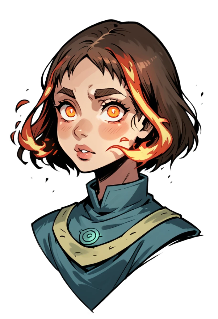 A digital art of a woman with features inspired by the one in the reference image. She has long, straight brown hair, slightly thick eyebrows, medium-sized lips with a subtle curve, and a face with soft, delicate features. The art style is inspired by Fire Force, with sharp and dynamic lines, a stylized, slightly angular look, and glowing highlights in the eyes and hair, typical of anime. The background has an intense, fiery atmosphere, with flames subtly incorporated into the design, complementing the overall Fire Force aesthetic.