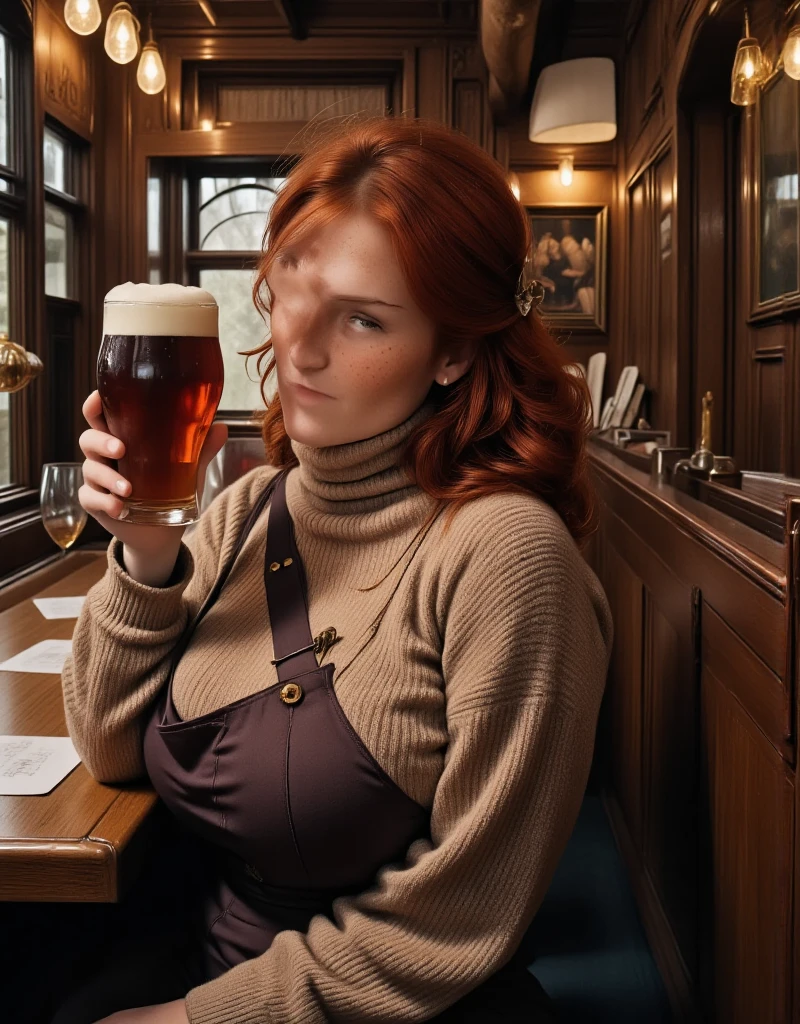 Close-up photo of a girl in a blue dress with a beer