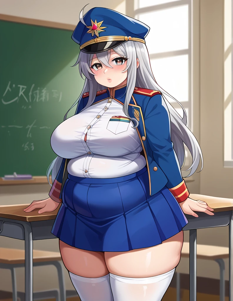 score_9, score_8_up, score_7_up, source_anime, vladilenamilize, vladilena milize, (grey eyes:1.5),  grey hair, hair between eyes, long hair, ahoge,
BREAK blue headwear, blue jacket, blue skirt, hat, jacket, military, military hat, military uniform, peaked cap, shirt, skirt,  thighhighs, uniform, white shirt,  white thighhighs,
BREAK looking at viewer,
BREAK indoors, classroom,
BREAK (masterpiece:1.2), best quality, high resolution, unity 8k wallpaper, (illustration:0.8), (beautiful detailed eyes:1.6), extremely detailed face, perfect lighting, extremely detailed CG, (perfect hands, perfect anatomy), chubby, chubby girl, curvy, large breasts, lips, plump, thick thighs, thighs