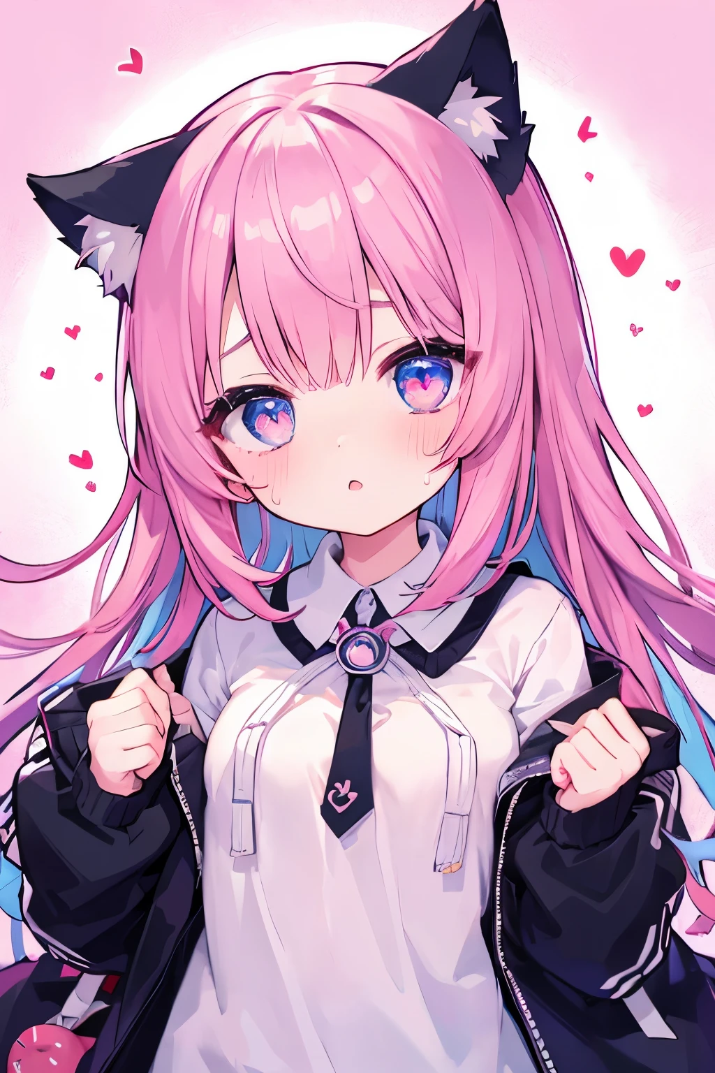 oversized jacket、Round 1、Light pink hair,Very beautiful and Sparkling Eyes、Sparkling Eyes、1 girl、Small breasts、cat ears、((((()))))、Heart」viscera❤、((sweat、vapor))