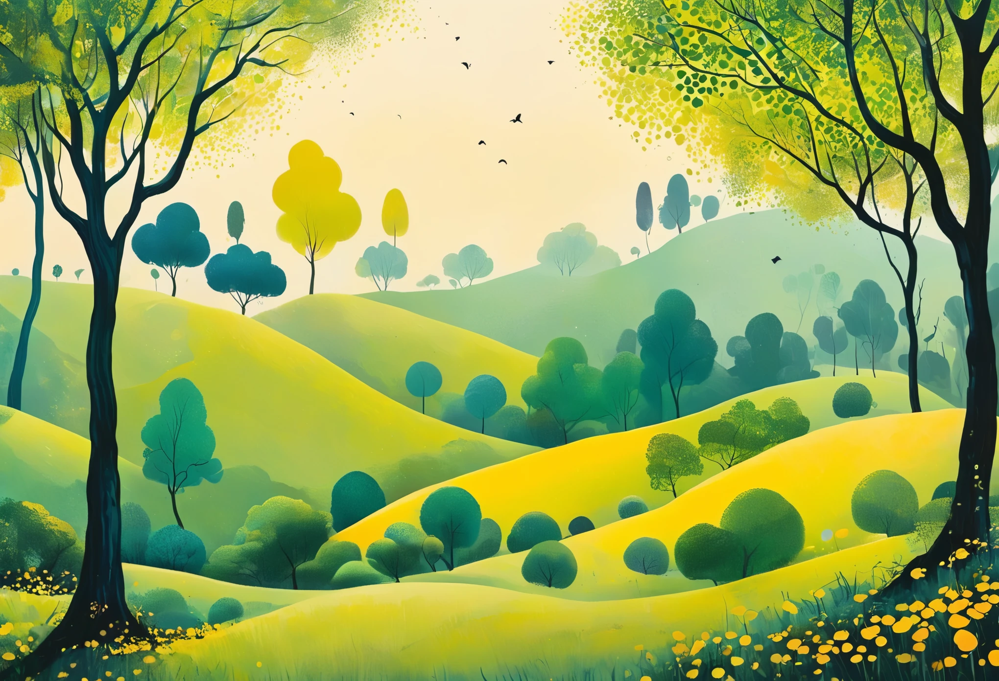 Create a serene landscape scene with a surreal, minimalistic style Inspired by Eyvind Earle. Many trees, Focus on smooth, flowing trees and rounded cute trees. The color palette should be predominantly in vibrant green and yellow hues, with a glowing, almost dreamlike atmosphere. creating a soft, whimsical effect. The background should gradually fade into distant, soft hills with light gradients. The sky and ground should blend seamlessly, creating a calm and balanced composition. Use gentle lighting to enhance the tranquil mood of the scene, with a focus on simplicity and harmony.