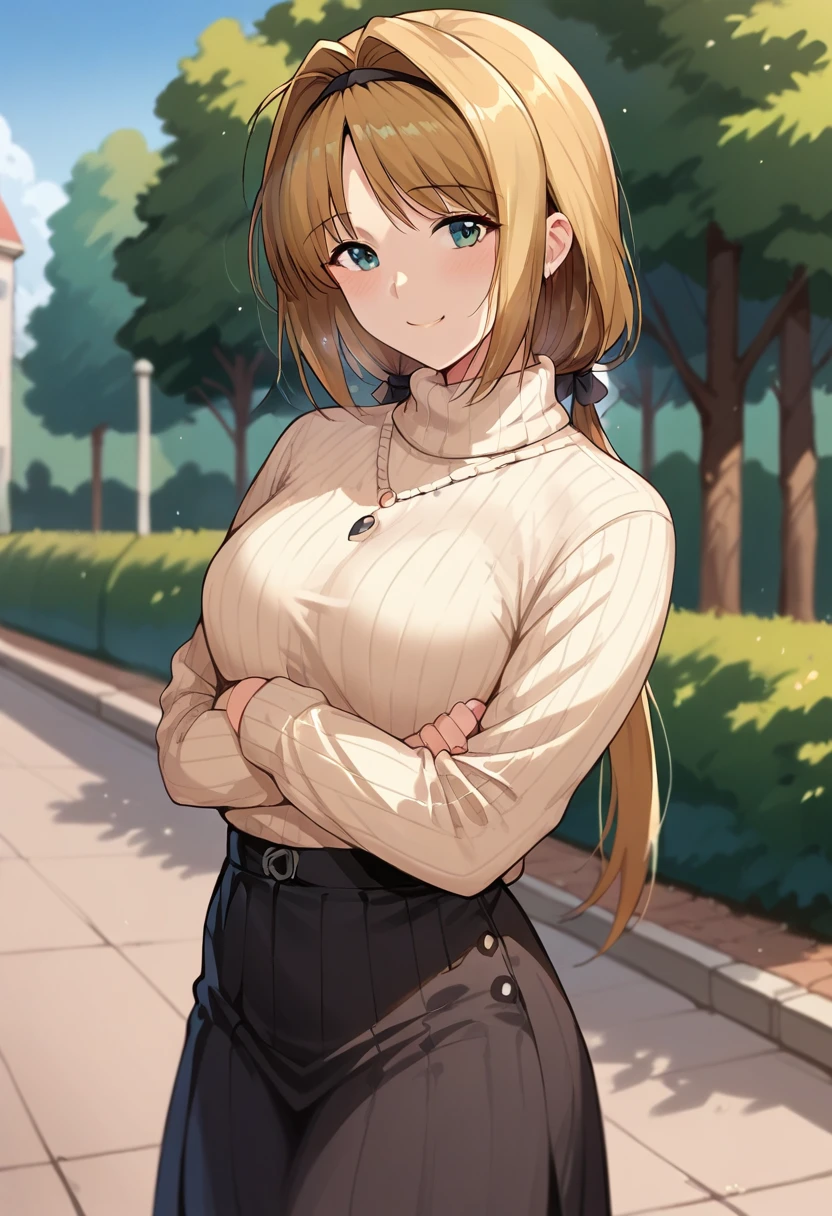 (takamori haruka:1.2), 1 girl, score_9, score_8_up, score_7_up, score_6_up, ((12k,Masterpiece)), Very detailed, clothes reflecting light ,(mature female, small breasts:1.0),Outdoor,Park,(black long skirt,sweater ),bitter smile, (raise your arms, stretch:1.0),