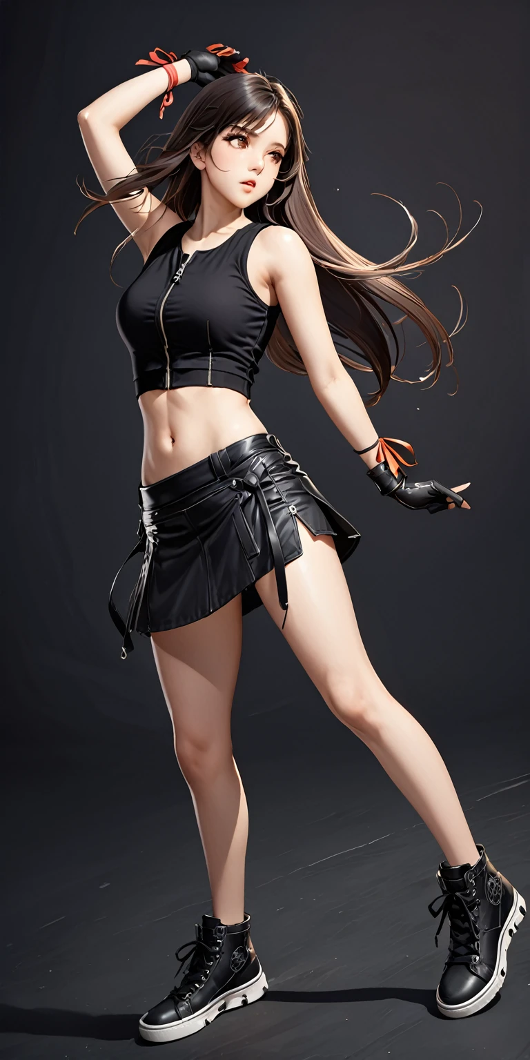 (masterpiece,Highest quality,Ultra-high resolution),(((A very beautiful girl))), age 25, acTifa, brown eyes, long hair, black shirt, black tank top, zipper, black skirt, midriff, black shorts, black gloves, arm ribbon, black sneakers, dynamic pose, sexy pose, blush, hair blowing in the wind, black background 