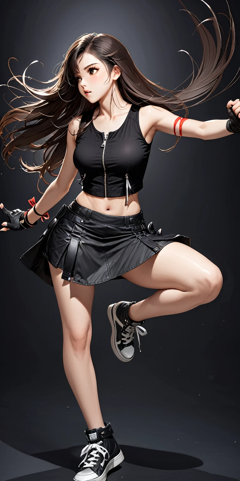 (masterpiece,Highest quality,Ultra-high resolution),(((A very beautiful girl))), age 25, acTifa, brown eyes, long hair, black shirt, black tank top, zipper, black skirt, midriff, black shorts, black gloves, arm ribbon, black sneakers, dynamic pose, sexy pose, blush, hair blowing in the wind, black background 