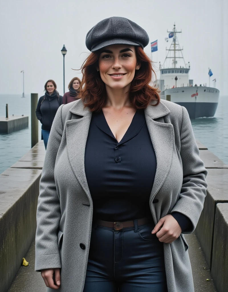 Photorealistic, cinematic style, picture of a beautiful British woman walking on the harbour pier on a fohhy morning. (Dynamic pose: 1.5), (slight smile). She has Brown eyes, downturned eye shape, light skin and freckles, reddish-brown hair, shag hairstyle .  She's wearing a light grey herringbone tweed overcoat. Dark grey wool beret. Grey stone wave breaker. Grey fog, grey sky. Rainy. Grey gravel  on the ground. ((Theme colour is grey)). perfect hand,HDR, intricate details ,