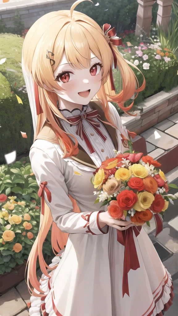 masterpiece, best quality, highres, kanadeyj, long hair, one side up, hair ribbon, hair ornament, ahoge, red eyes, wedding dress, standing, garden, confetti, holding bouquet, smile, open mouth,