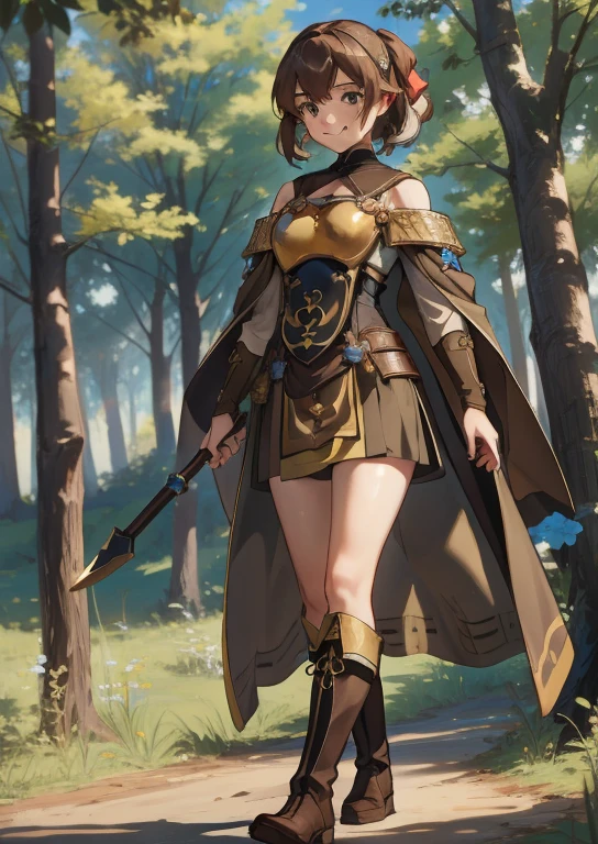 masterpiece, 4K, Best Quality, Delsea , Hair Ribbon, Bare shoulders,  brown cloak, breastplate, Tabard, Brown dress, boots, standing, smile, A look of determination, forest 