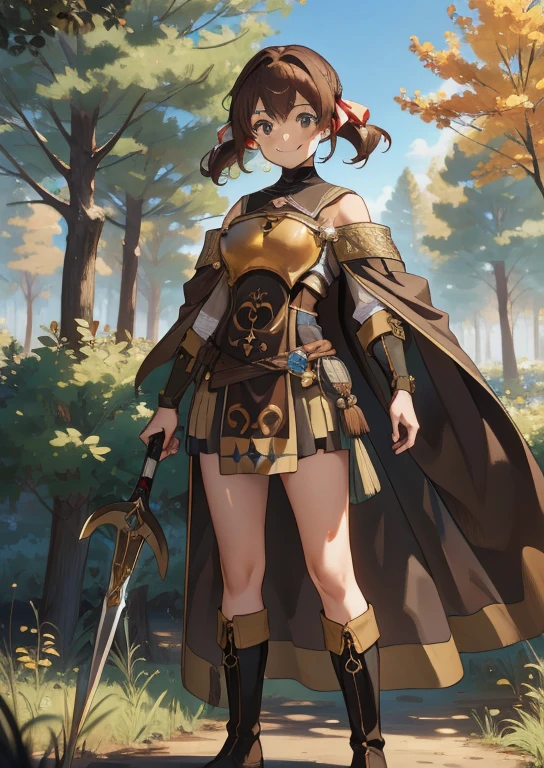 masterpiece, 4K, Best Quality, Delsea , Hair Ribbon, Bare shoulders,  brown cloak, breastplate, Tabard, Brown dress, boots, standing, smile, A look of determination, forest 