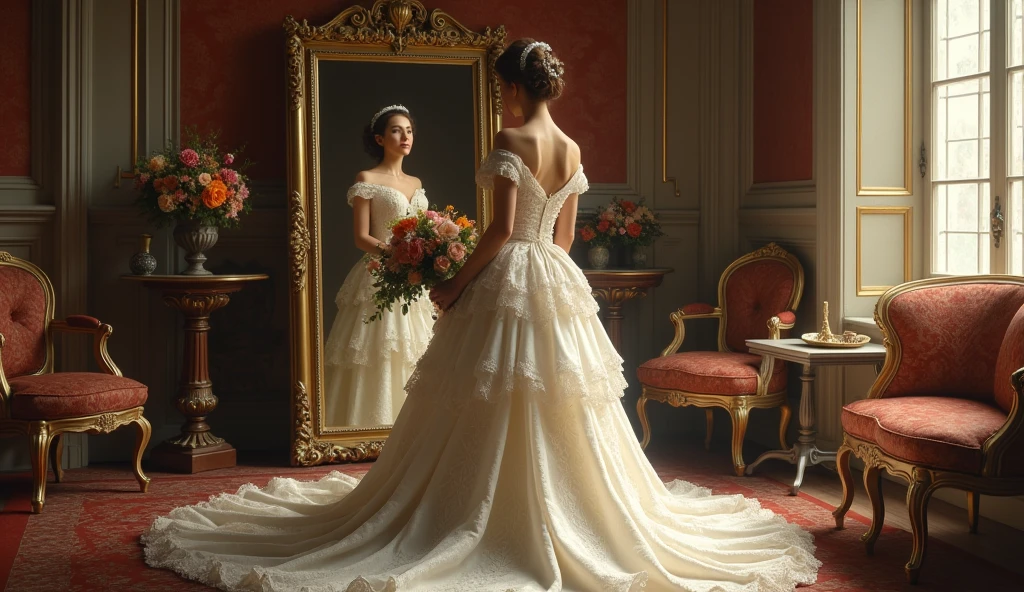 A large ornate antique mirror. The reflection shows a beautiful woman facing her trials, but the image gradually dissolves to reveal modern couples facing similar challenges in everyday life.