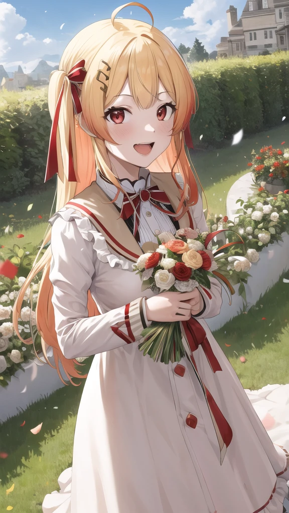 masterpiece, best quality, highres, kanadeyj, long hair, one side up, hair ribbon, hair ornament, ahoge, red eyes, wedding dress, standing, garden, confetti, holding bouquet, smile, open mouth,