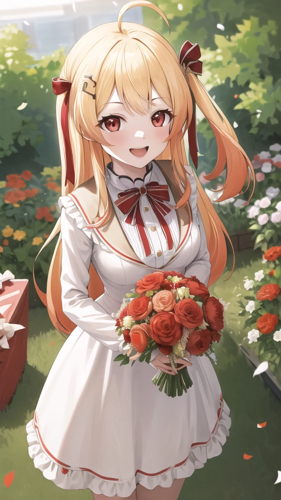 masterpiece, best quality, highres, kanadeyj, long hair, one side up, hair ribbon, hair ornament, ahoge, red eyes, wedding dress, standing, garden, confetti, holding bouquet, smile, open mouth,