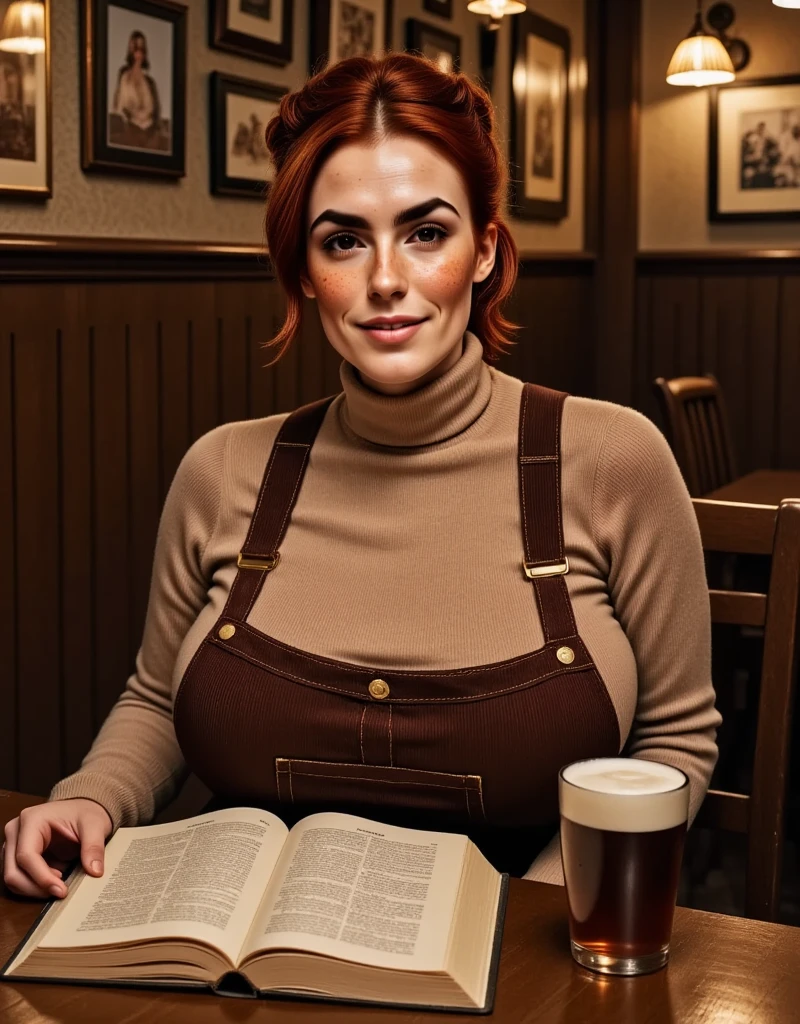 Photorealistic, cinematic style, picture of a beautiful British woman enjoying a beer in a rustic pub.  She's sitting in a booth with an opened  book on the table next to the beer glass. (Dynamic pose: 1.5), smile. She has Brown eyes, downturned eye shape, light skin and freckles, reddish-brown hair, ponytail hairstyle .  She's wearing a light brown turtleneck sweater, dark brown corduroy dungarees . Dark brown wood paneling, wooden table. ((Theme colour is brown)). perfect hand,HDR, intricate details ,