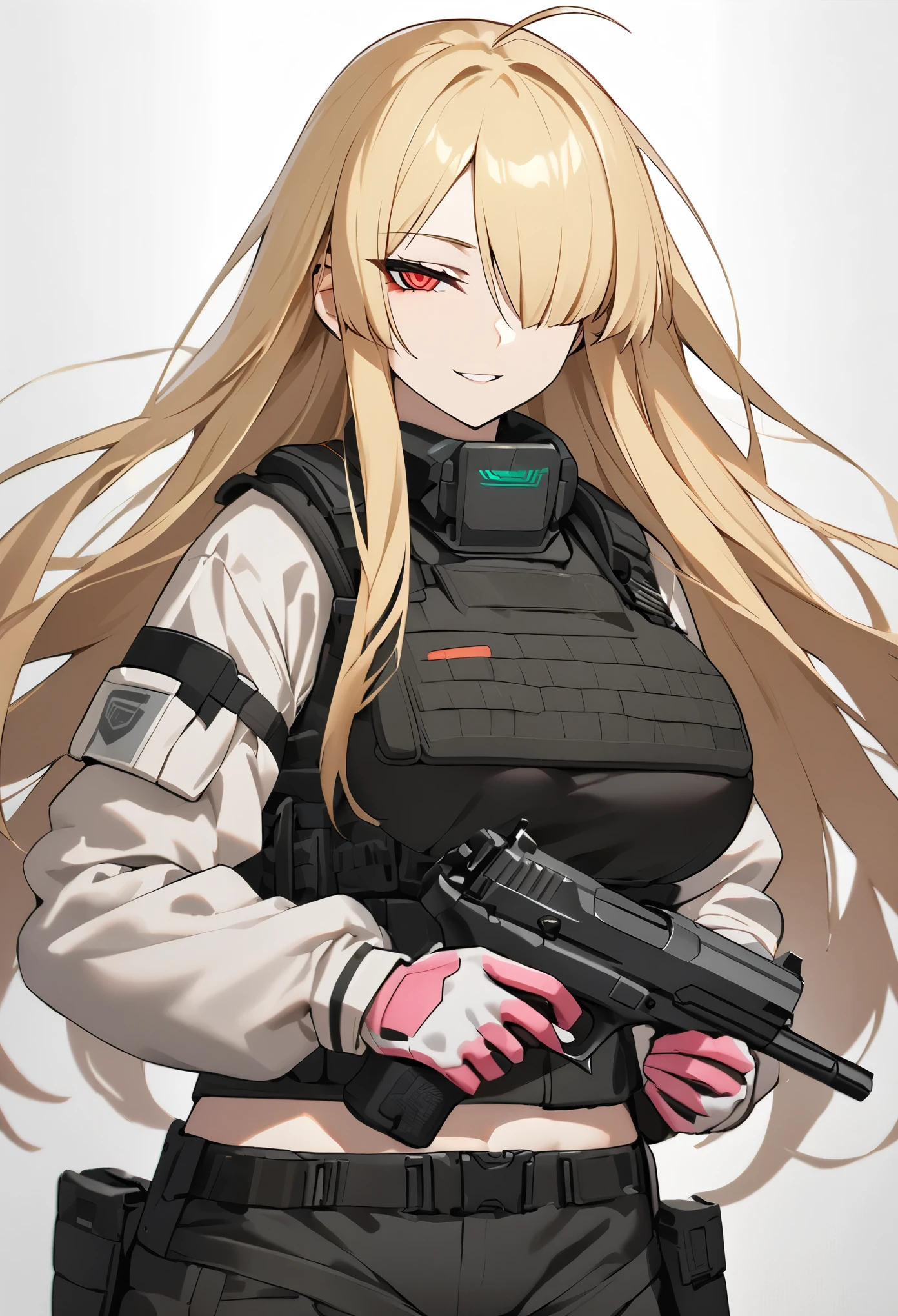 (high-quality, breathtaking),(expressive eyes, perfect face) 1girl, female, solo, mature, half open eyes, Alicization, Symmetrical Eyes, simple background, seductive smile, long hair, SAO inspired, maomao, armor, cowboy shot, medium full shot, light blonde hair, bangs, alluring red eyes, large breasts, hair between eyes, fluffy hair, half open eyes, hair over one eye, small Ahoge, pale blonde hair color, bright red eye color, straight hair, (NO braids in hair), belt, Gun Gale Online, black cargo shorts, bulletproof vest, gun holsters, military, light pink combat gloves, pistol, (white modern military combat suit), dark grey tactical vest, tech wear, security equipment, cyberpunk, girls frontline