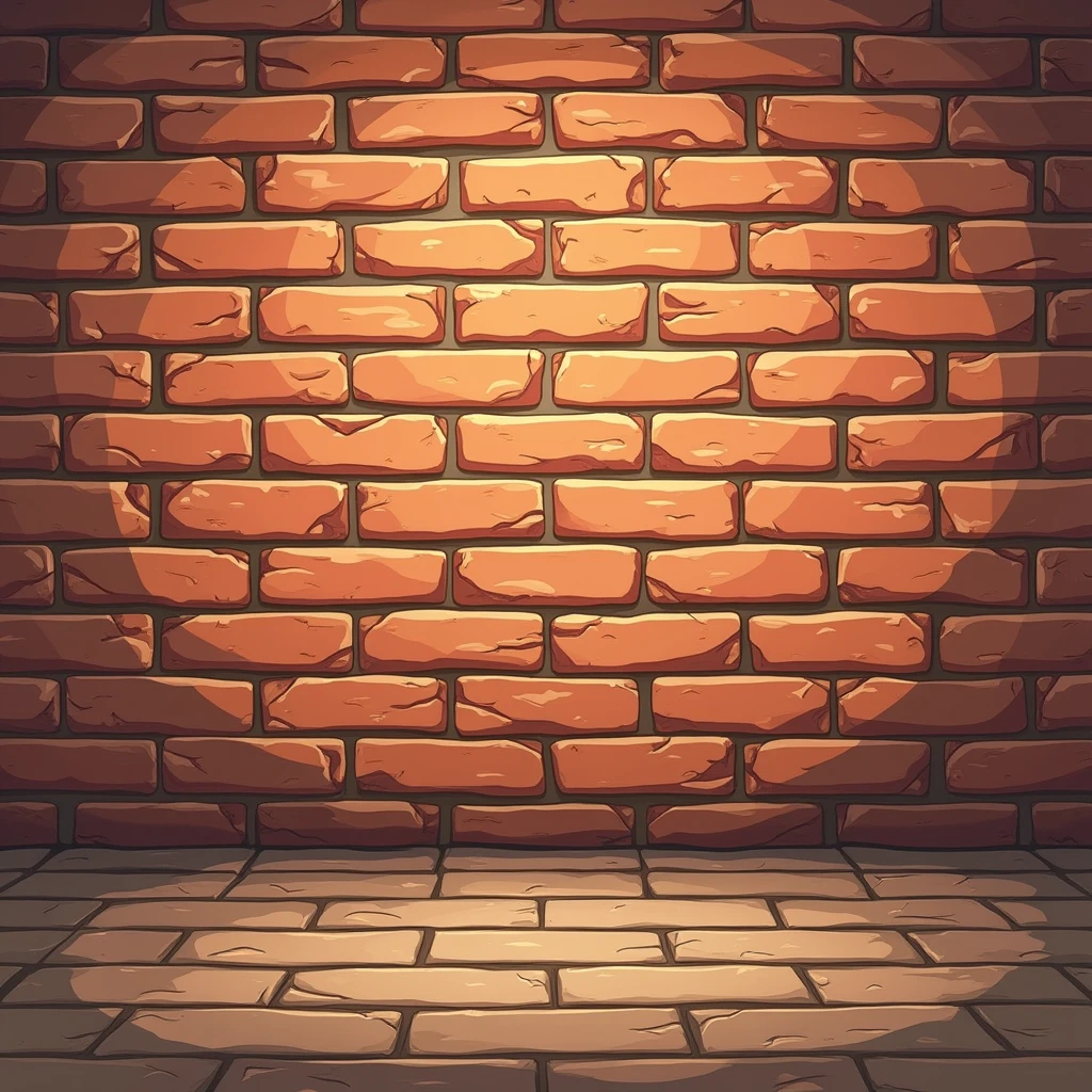 pixelart, Light pink brick wall in the dark with a small circular light in the center