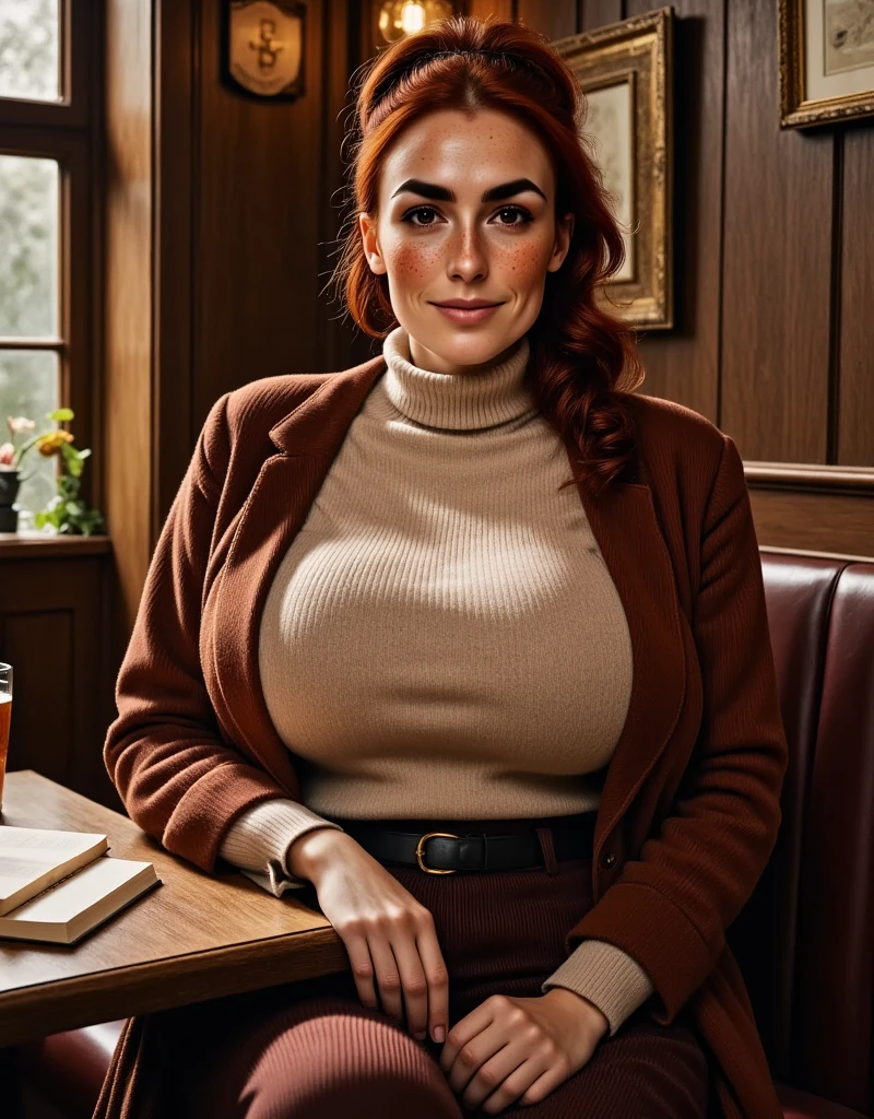 Photorealistic, cinematic style, picture of a beautiful British woman enjoying a beer in a rustic pub.  She's sitting in a booth with an opened  book on the table next to the beer glass. (Dynamic pose: 1.5), smile. She has Brown eyes, downturned eye shape, light skin and freckles, reddish-brown hair, ponytail hairstyle .  She's wearing a light brown turtleneck sweater, dark brown corduroy trousers, mahogany brown shoulder shawl. Dark brown wood paneling, wooden table. ((Theme colour is brown)). perfect hand,HDR, intricate details ,