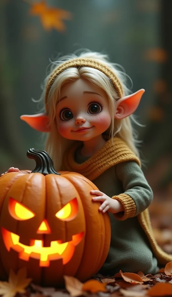 (Best Quality、masterpiece、 High Resolution )、jack o'lantern and girl、 cute girl 、Elf ears girl