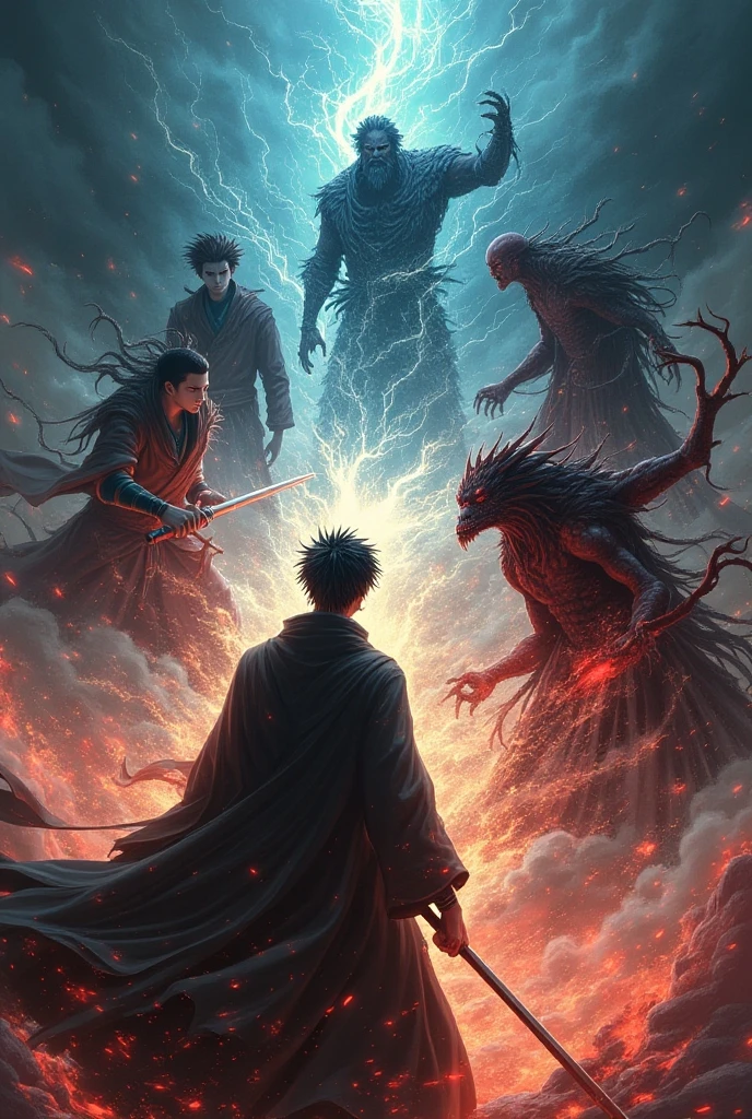 Manhwa comic page with multiple scenes, capturing the character's evolution and the atmosphere of each moment, fantasy demons. Tall, thin, 2