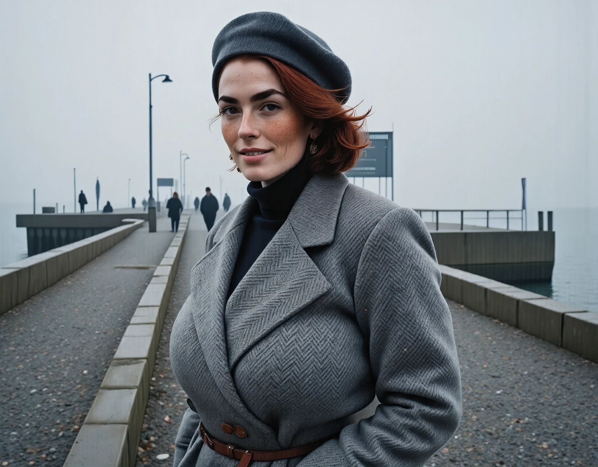 Photorealistic, cinematic style, picture of a beautiful British woman walking on the harbour pier on a fohhy morning. (Dynamic pose: 1.5), (slight smile). She has Brown eyes, downturned eye shape, light skin and freckles, reddish-brown hair, shag hairstyle . She's wearing a light grey herringbone tweed overcoat. Dark grey wool beret. Grey stone wave breaker. Grey fog, grey sky. Rainy. Grey gravel on the ground. ((Theme colour is grey)). perfect hand,HDR, intricate details ,