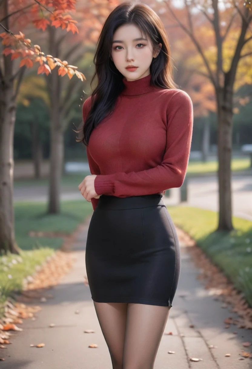 Realism, Real photos,  anatomically correct , Accurate,  textured skin ,  super detailed, 
whole body, whole body，Back， 1 girl at home, Beautiful Japanese Women, 
Looking at the viewer,  faint smile, Natural Makeup, 
Large target , Attractive figure, plum drum stick , 
(Wearing a turtleneck sweater:1.2), Fall Clothing, 
(Autumn forest, Red leaves all over the ground:1.4), ( spectacular fall sunset sky:1.2) , Autumn trees in the foreground, Autumn trees and leaves,  
breeze, Natural Light, (Backlight), (Face rim light:1.2),  blurry background ,  Depth of Field,  Ultra HD, 8K