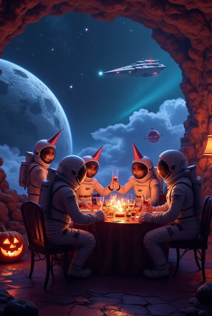 A futuristic Halloween night scene in outer space. The astronauts are enjoying a party in a zero-gravity space. A single spaceship is in the background, and outside, the vastness of space stretches out endlessly, with distant planets and nebulae shining mysteriously. The unique movement of objects in the zero-gravity space adds to the atmosphere of this Halloween party,