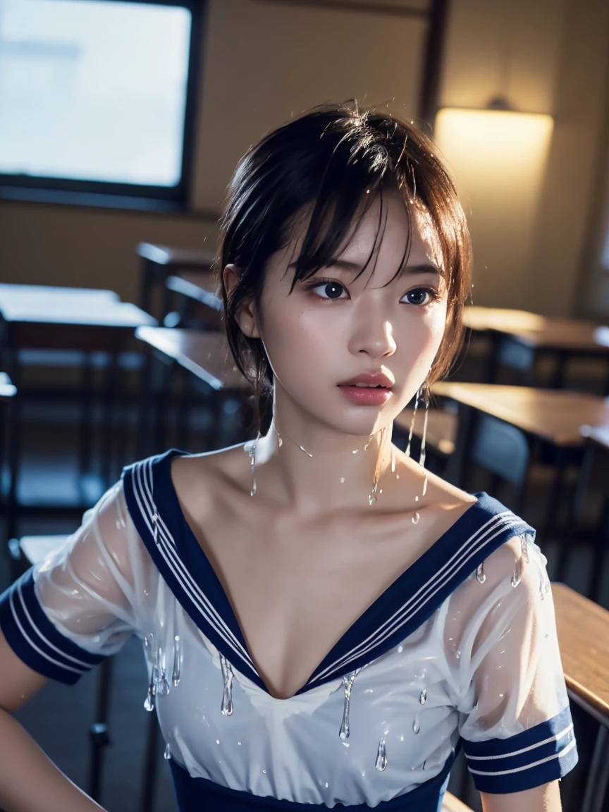masterpiece:1.2, Very detailed, Ultra-high resolution, Realistic, photo Realistic:1.6, High-resolution RAW color photos, Professional photos, Sharp focus:1.2, Very detailed顔と肌の質感, Very beautiful eyes, Glossのある肌, Glowing Skin, Glowing Skin, Shining Face, Gloss, Oily skin, greasy face, Oily skin, greasy face,, real Glossのある肌 texture, Perfect Anatomy, Very detailed背景,(High school classroom at night),1 female,25-year-old woman, Japanese women,short hair, Straight hair, bangs, Brown Hair,((Flat Chest:1.6)), (White short-sleeved sailor suit),((A wet and very transparent sailor uniform:1.5)),((Sexy bra in sailor suit:1.3)),Earrings、Smiling faintly、Seeking sex
