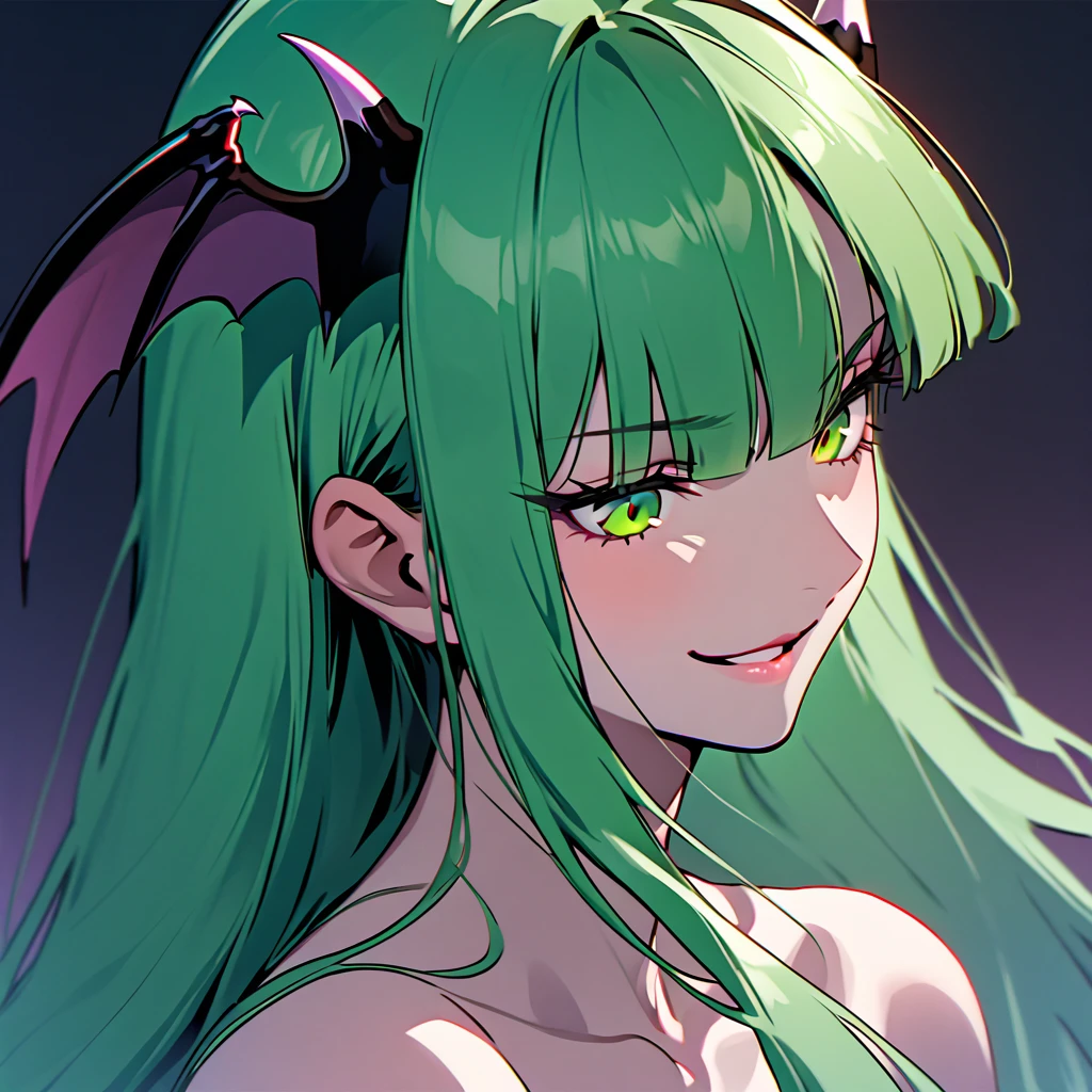 {face close up shot}. {solo}. A face of slender female succubus "Morrigan Aensland". smile. {{{{{night}}}}}, {{{{bedroom}}}}. She has straight hime cut long hair, green hair, bangs, green eyes, bat-like wings on the sides of her head, bare shoulders, {{{topless}}}.