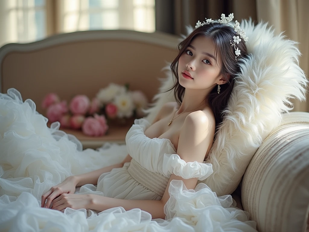 Princess, on bed, eighteen years old, blue eyes, naked, small breasts, nude, nighttime, night, dark room, four poster bed, Victorian decor, grandfather clock, wooden floorboards, topless, soft nipples, shocked, startled, looking into camera, tiara, 
