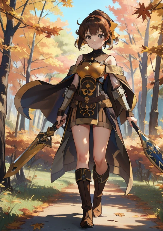 Masterpiece, 4K, Best Quality, Delsea , young little ，Very short stature， body type，Hair Ribbon, Bare shoulders,  brown cloak, breastplate, Tabard, Brown dress, boots, standing, smile, A look of determination，Autumn leaves，Autumn forest，