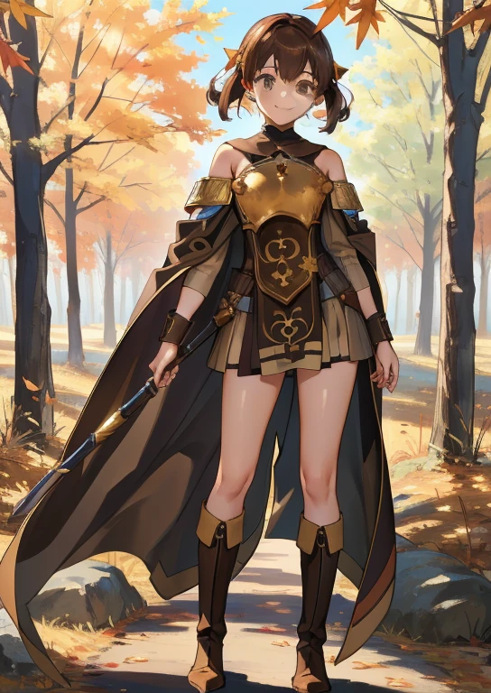 Masterpiece, 4K, Best Quality, Delsea , young little ，Very short stature， body type，Hair Ribbon, Bare shoulders,  brown cloak, breastplate, Tabard, Brown dress, boots, standing, smile, A look of determination，Autumn leaves，Autumn forest，