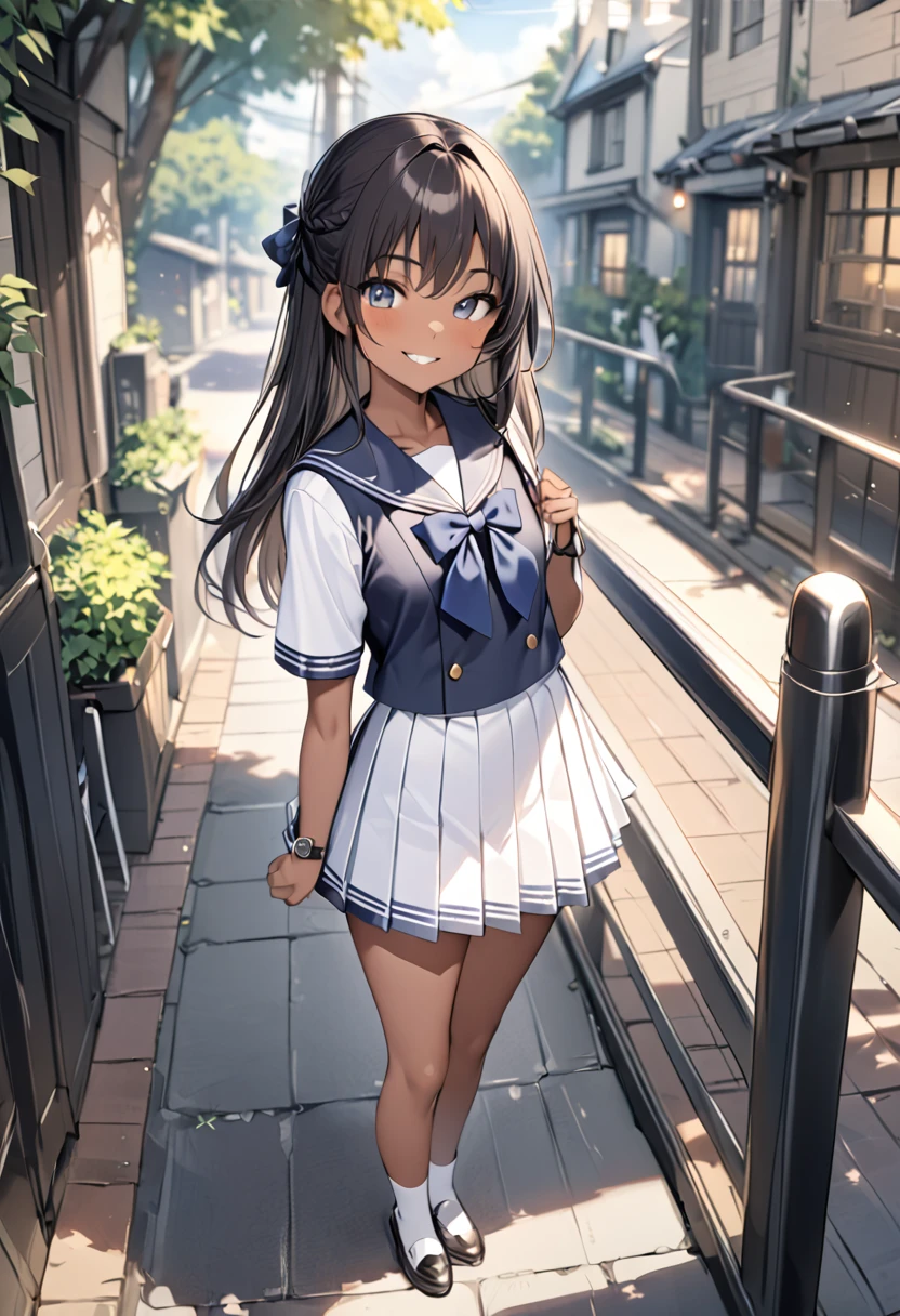 masterpiece, best quality, score_9, score_8_up, girl, petite, dark skin, smile, outdoor, sailor uniform,