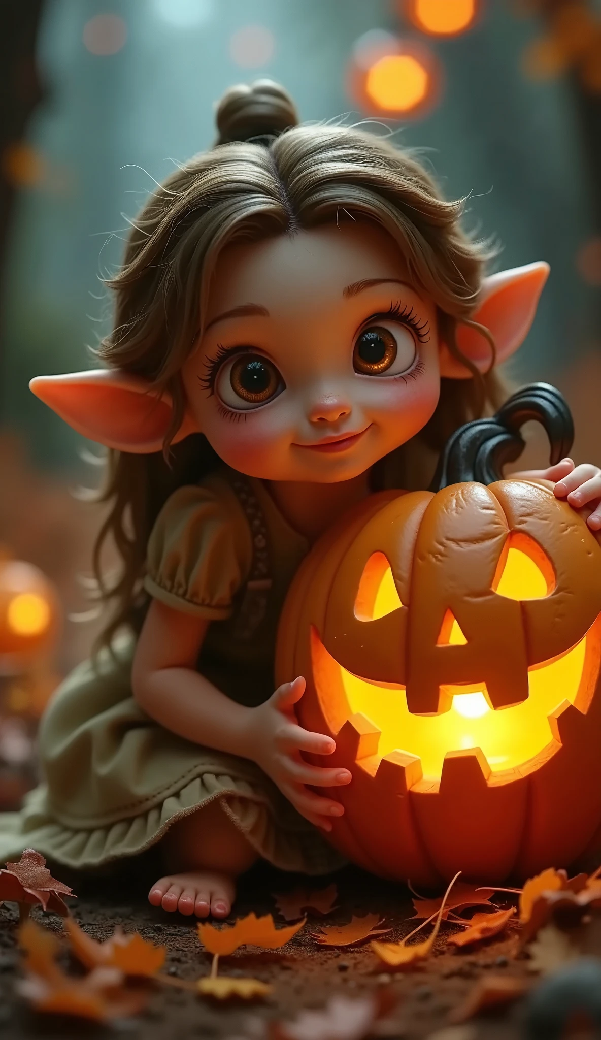 (Best Quality、masterpiece、 High Resolution )、jack o'lantern and girl、 cute girl 、Elf ears girl