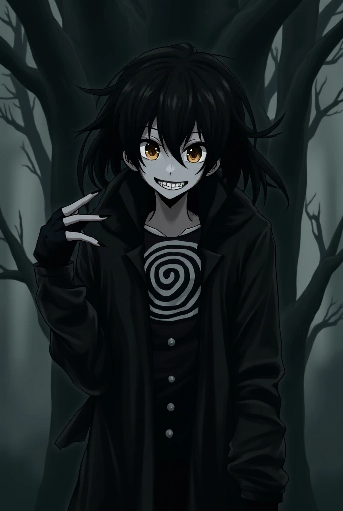 Anime style, anime version, anime draw, Metalhead boy, Black long hair boy, close face, pale skin, vampire, dark theme, Skull mask, lsdo brand, tunic of ceifsdo, reaper's tunic , Reaper, ghost flying, green ghosts, soul eater 