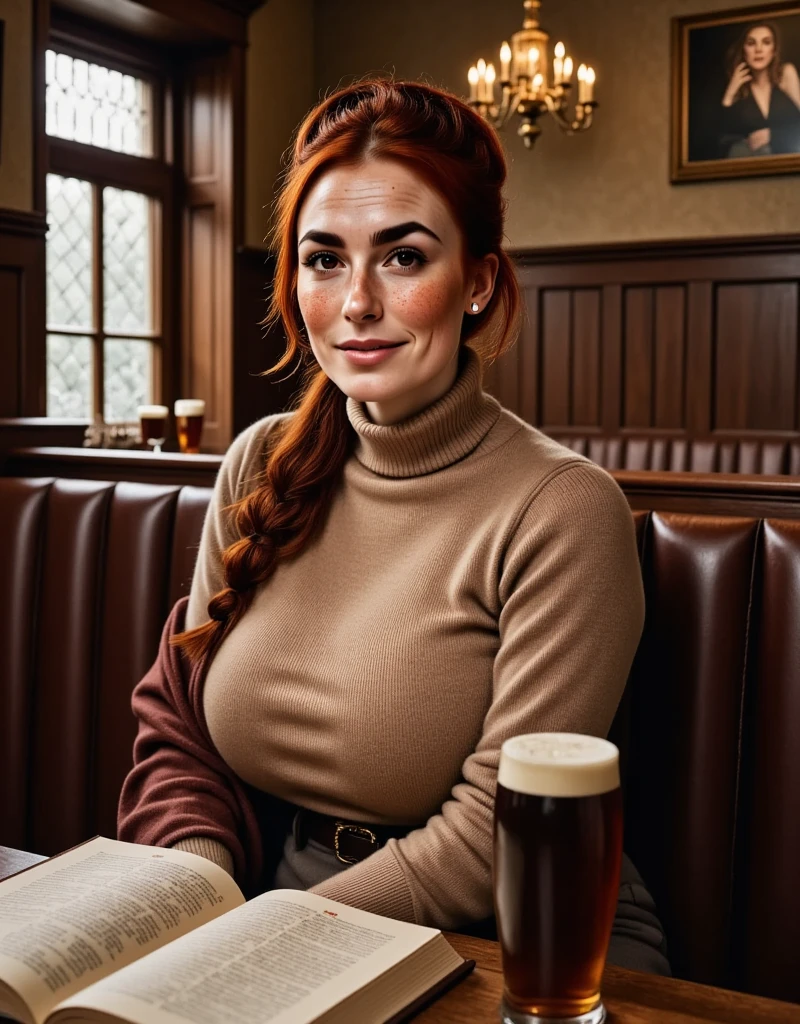 Photorealistic, cinematic style, picture of a beautiful British woman enjoying an ale in a rustic pub.  She's sitting in a booth with an opened  book on the table next to the brown beer glass. (Dynamic pose: 1.5), smile. She has Brown eyes, downturned eye shape, light skin and freckles, reddish-brown hair, ponytail hairstyle .  She's wearing a light brown turtleneck sweater, dark brown corduroy trousers, mahogany brown shoulder shawl. Dark brown wood paneling, wooden table. ((Theme colour is brown)). perfect hand,HDR, intricate details ,