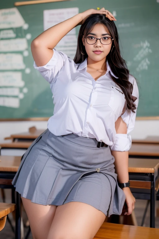 a beautiful plus size Indonesian student with large breasts, wearing an Indonesian high school uniform, a voluptuous body, an open button white shirt, a short grey skirt, large breasts, hands up, tied hair, glasses, big and plump breasts, big thighs, thick thighs, high heels, sweaty, in a seductive pose in a classroom, seductive lips, open legs, shot from below, (best quality,4k,8k,highres,masterpiece:1.2),ultra-detailed,(realistic,photorealistic,photo-realistic:1.37), portrait, high quality, vivid colors, studio lighting, extreme detail description