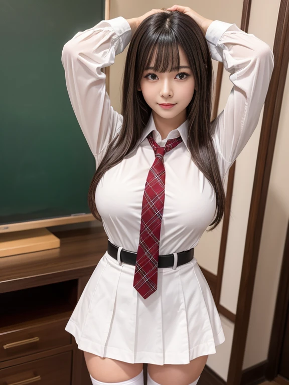 1girl in, Extremely cute face, (Highly detailed eyes, Highly detailed face), (Hyper-realistic, hight resolution), (Best Quality:1.4), Raw photo, (Realistic, Photorealsitic:1.37), Professional Photography, Cinematic Light, (lace bra:1.25), (Amazing breasts:0.7), (School uniform, Pleated mini-skirt:1.3), (Uniform with open chest:1.1), (No panties:1.4), Smile slightly, Sitting, Spread your legs wide, Staring at me, Indoor, Bedroom, Dazzling lighting,