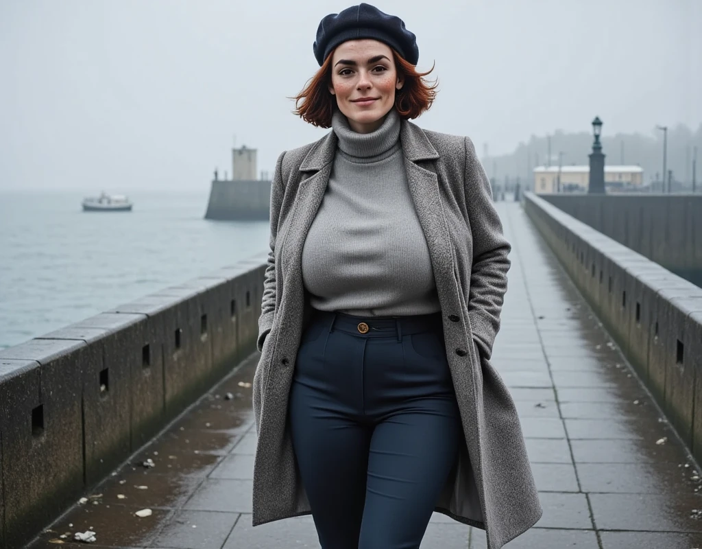 Photorealistic, cinematic style, picture of a beautiful British woman walking on the harbour pier on a fohhy morning. (Dynamic pose: 1.5), (slight smile). She has Brown eyes, downturned eye shape, light skin and freckles, reddish-brown hair, shag hairstyle .  She's wearing a light grey herringbone tweed overcoat. Dark grey wool beret. Grey stone wave breaker. Grey fog, grey sky. Rainy. Grey gravel  on the ground. ((Theme colour is grey)). perfect hand,HDR, intricate details ,