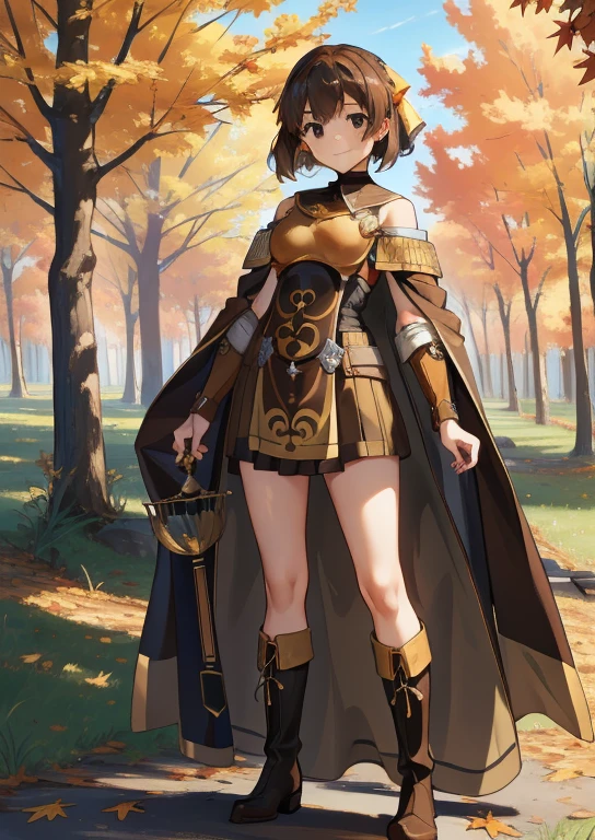 Masterpiece，8k，Best Quality，Delsea , young little ，Very short stature， body type，Thin thighs，Short legs，Hair Ribbon, Bare shoulders,  brown cloak, breastplate, Tabard, Brown dress, boots, standing, smile, A look of determination，Autumn leaves，Autumn forest，