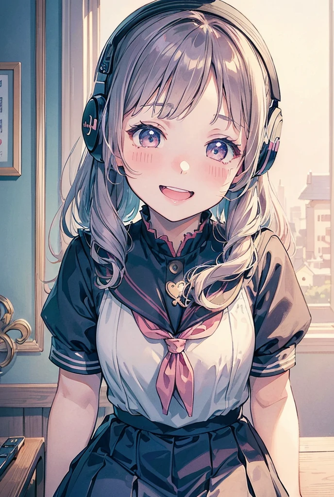 girl, drinking coffee, café, beautiful shop, seat near window, sunlight streaming in, beautifully shaped modestly large breasts, slim waist, fair and beautiful skin, petite figure, silver hair, long and fine hair, shy smile, blushing cheeks, stylish clothing, headphones around neck, no accessories, overhead angle, upward gaze, blurred background, anime-style beauty, detailed face, mesmerizing eyes, delicate hands, artistic depth, emotional resonance, masterpiece, ultra high quality illustration, high resolution, 16k, intricate details, (SuperQuality:1.0)