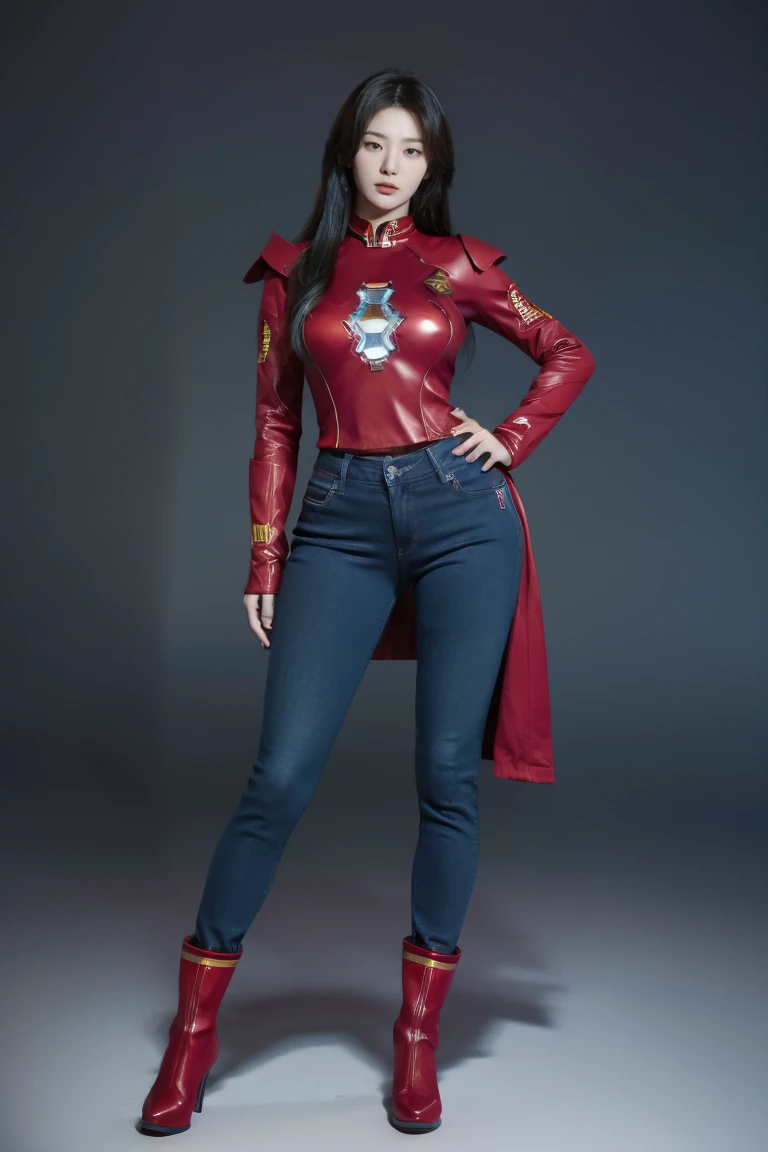 Hot Korean woman wearing red Iron man armor, blue skinny tight jeans, and red iron red boots. Full body from head to toe. Standing in a full height from head to toe. 8k HD resolution best quality. Studio Background 