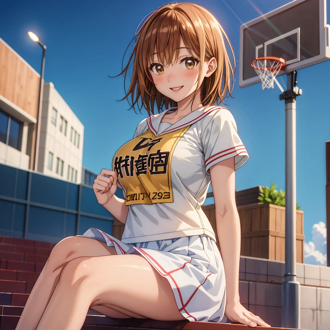 masterpiece, Best Quality, High resolution,16k,official art,super detailed skin,detailed,Kano Chinatsu,high school girl,(C cup beautiful breasts)、(tall:1.2),height: 170cm,Brown eyes, Brown Hair,Sexy long legs,Fashion model body type,gal,bangs, basketball uniform,Staring at the audience, short hair, Sitting, smile,Muscular、1girl,big laugh,smile、Shy、Shyness,Cool look,blush,A composition that shows the upper body,cinematic lighting,Superfine,magnificent view、pbasketball court,dynamic angle,extreme closeup,sporty pose