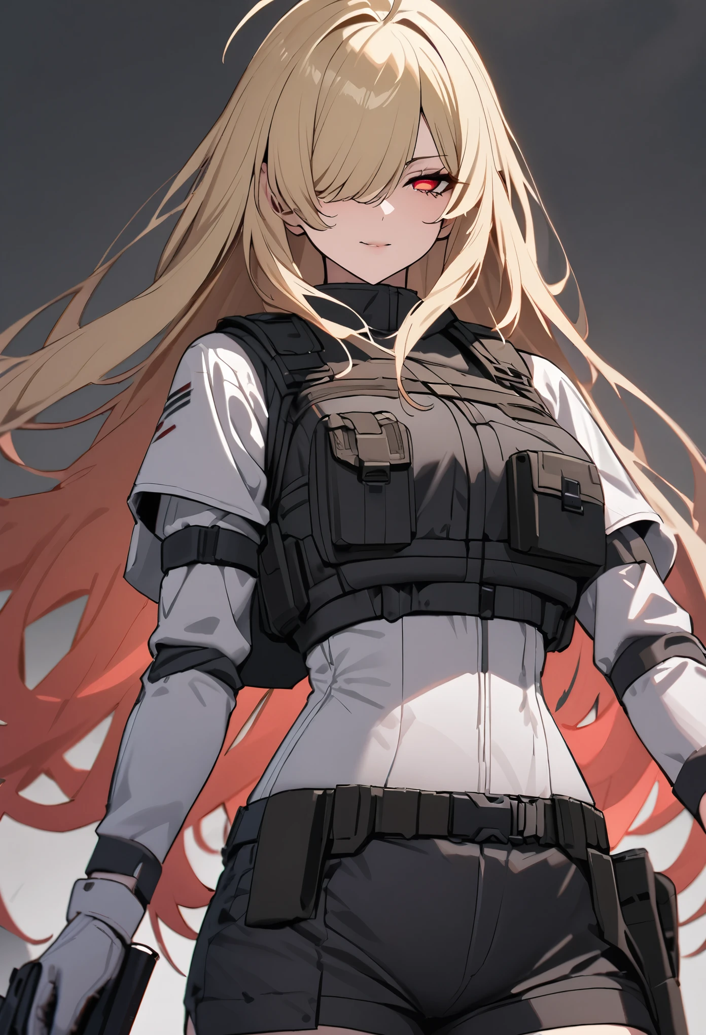 (high-quality, breathtaking),(expressive eyes, perfect face) 1girl, female, solo, mature, half open eyes, Alicization, Symmetrical Eyes, simple background, seductive smile, long hair, SAO inspired, maomao, armor, cowboy shot, medium full shot, light blonde hair, bangs, alluring red eyes, large breasts, hair between eyes, fluffy hair, half open eyes, hair over one eye, small Ahoge, pale blonde hair color, bright red eye color, straight hair, (NO braids in hair), belt, Gun Gale Online, (black cargo shorts), bulletproof vest, gun holsters, military, ((light pink combat gloves)), pistol, (white modern military combat suit), dark grey tactical vest, tech wear, security equipment, cyberpunk