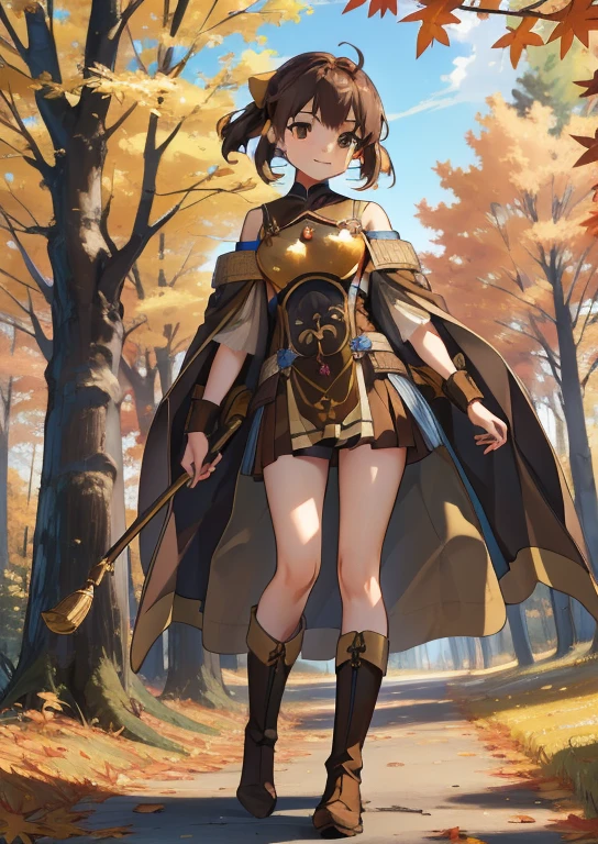 Masterpiece，8k，Best Quality，Delsea , young little ，Very short stature， body type，Thin thighs，Short legs，Hair Ribbon, Bare shoulders,  brown cloak, breastplate, Tabard, Brown dress, boots, standing, smile, A look of determination，Autumn leaves，Autumn forest，The Temptation of a ittle Girl，